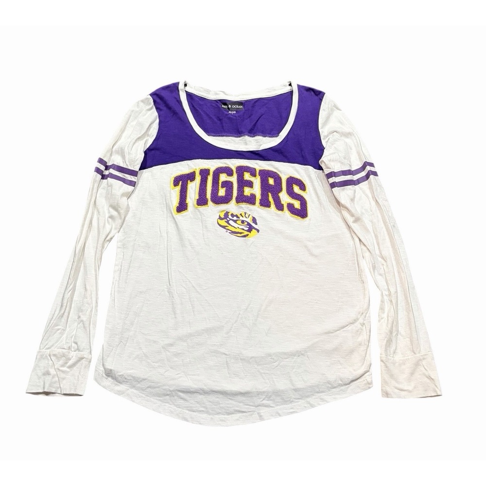 5th & Ocean LSU Tigers Raised Lettering Long Sleeve Knit Top Women's Size L